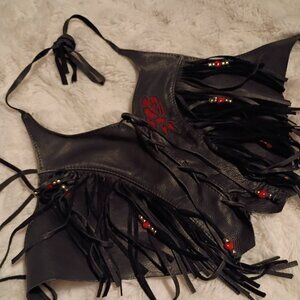 Full grain leather halter top with fringe